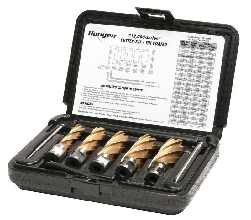 Hougen 12702 "12,000-Series" Kit 2" DOC TiN Coated 9/16, 11/16, 13/16, 15/16, 1-1/16" (2) Pilots 2" DOC