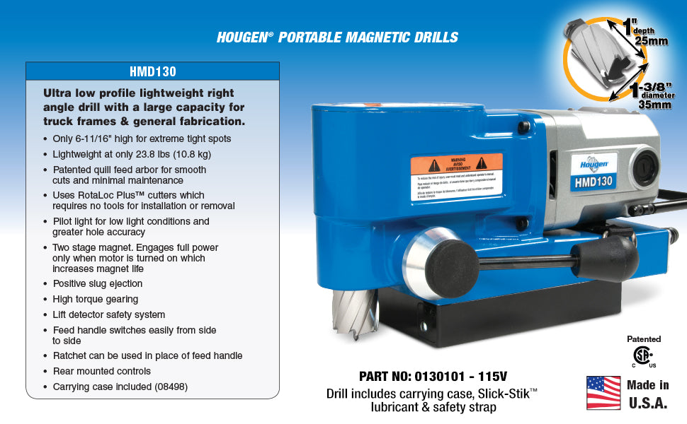 Hougen 0130101 HMD130 Ultra Low Profile Magnetic Drill-115V