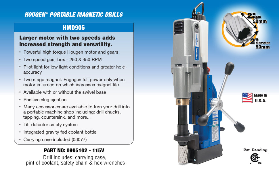 Hougen HMD905 Magnetic Drill 2 Speed Coolant - 115V 0905102