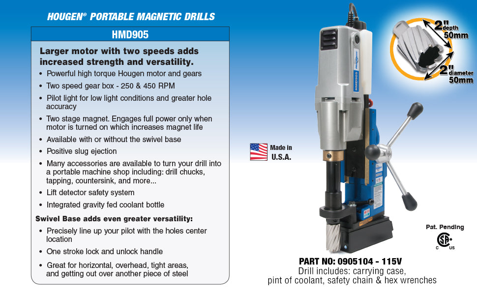 Hougen HMD905 Magnetic Drill 2 Speed Swivel Coolant - 115V 0905104
