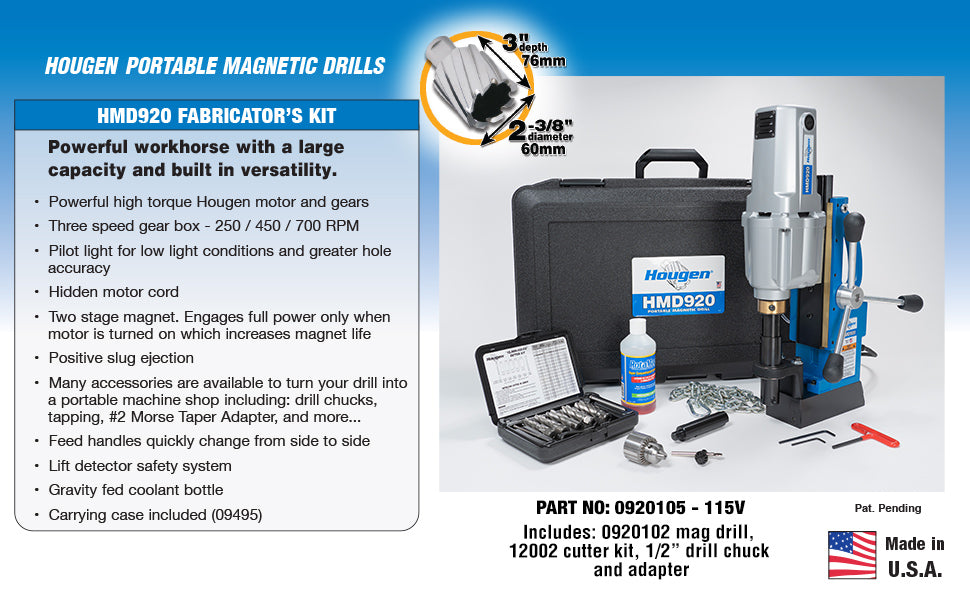 Hougen HMD920 Magnetic Drill Fabricators Kit Fractional 3" Depth of Cut 3 Speed Coolant - 115V 0920105