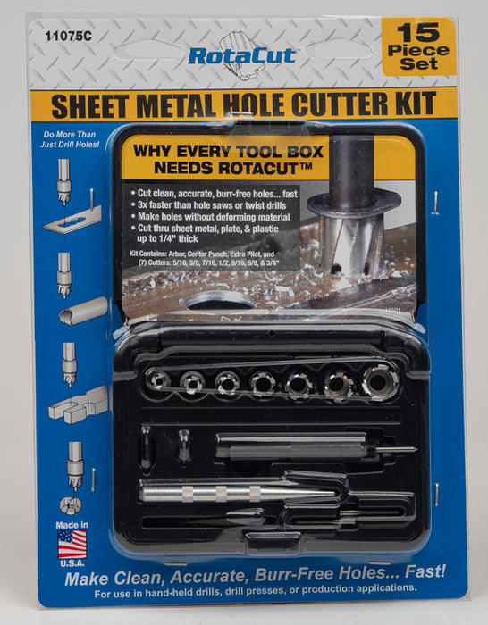 Hougen 11075(C) Fractional Kit Plastic tool case contains 11088 Arbor Assembly, Center Punch, extra Pilot, and (7) Cutters (5/16, 3/8, 7/16, 1/2, 9/16, 5/8 & 3/4")