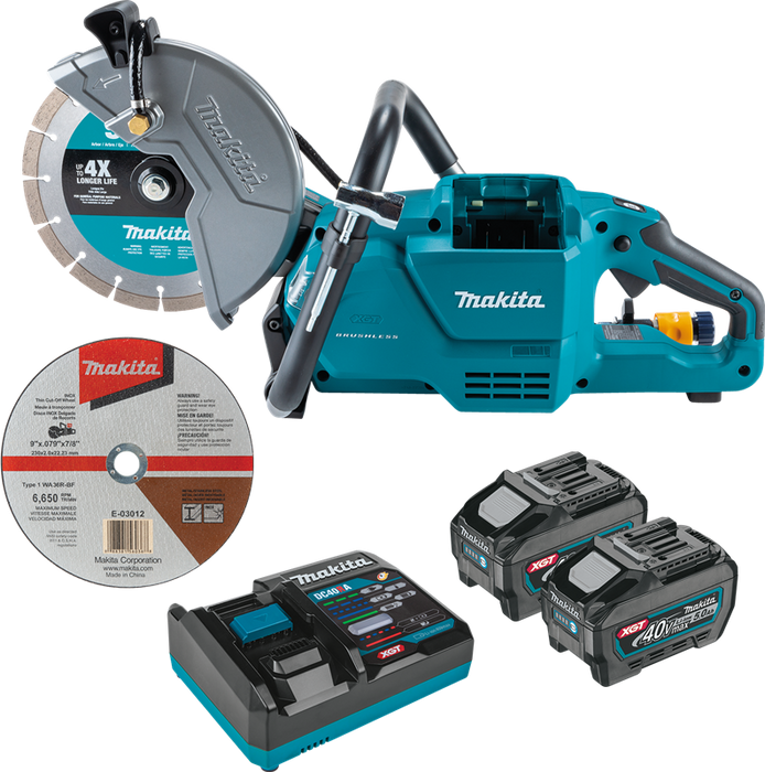 Makita GEC03T 40V max XGT Brushless Cordless 9" Power Cutter Kit, cut-off wheel, single port charger, lock-off, no lock-on (5.0 Ah)