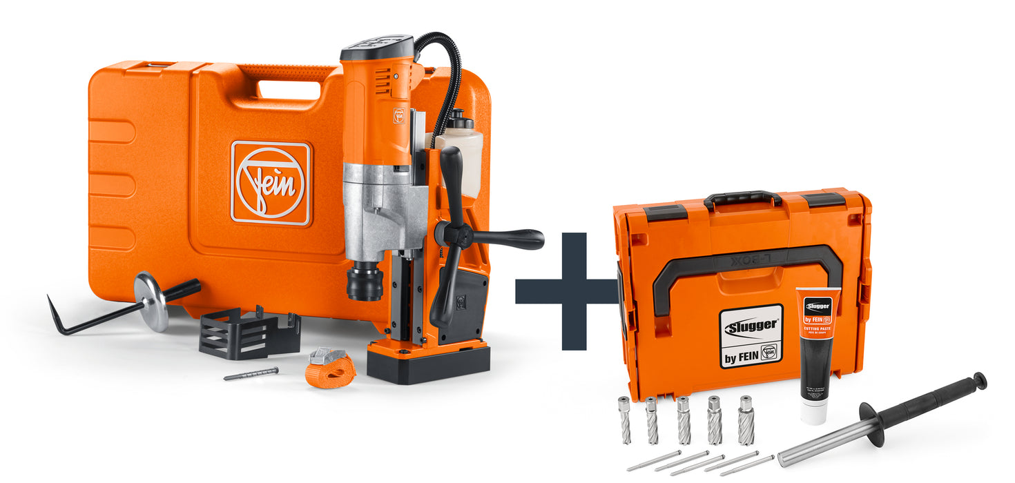 Fein Slugger JMU 137 MQW with Structural Steel HSS Cutter Set 2'' 3/4'' Weldon Universal magnetic base drill up to 1-3/8'' [35 mm] with accessory set