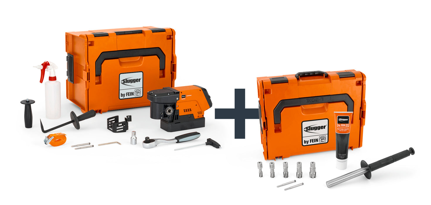 Fein Slugger JMC MAGFORCE 90 with Structural Steel TCT Cutter-Set 1'' 3/4'' Weldon Universal magnetic base drill up to 1-3/8'' [35 mm] with accessory set