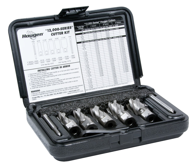 Hougen 12001 9/16", 11/16", 13/16", 15/16", 1-1/16" Rotabroach Cutters in a plastic case. Includes Hex Wrenches and 2 pilots