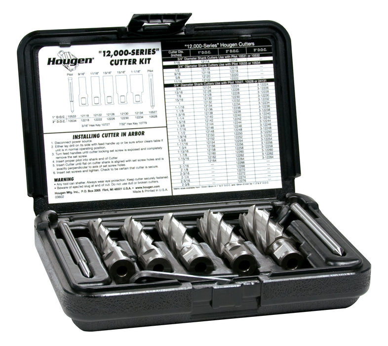 Hougen 12002 9/16", 11/16", 13/16", 15/16", 1-1/16" Rotabroach Cutters in a plastic case. Includes Hex Wrenches and 2 pilots 2" Depth of Cut