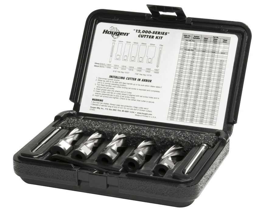 Hougen 12003 14mm, 16mm, 18mm, 20mm, 22mm Rotabroach Cutters in a plastic case. Includes hex wrenches and 2 pilots 25mm Depth of Cut