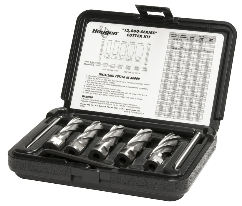 Hougen 12004 14mm, 16mm, 18mm, 20mm, 22mm Rotabroach Cutters in a plastic case. Includes hex wrenches and 2 pilots 50mm Depth of Cut