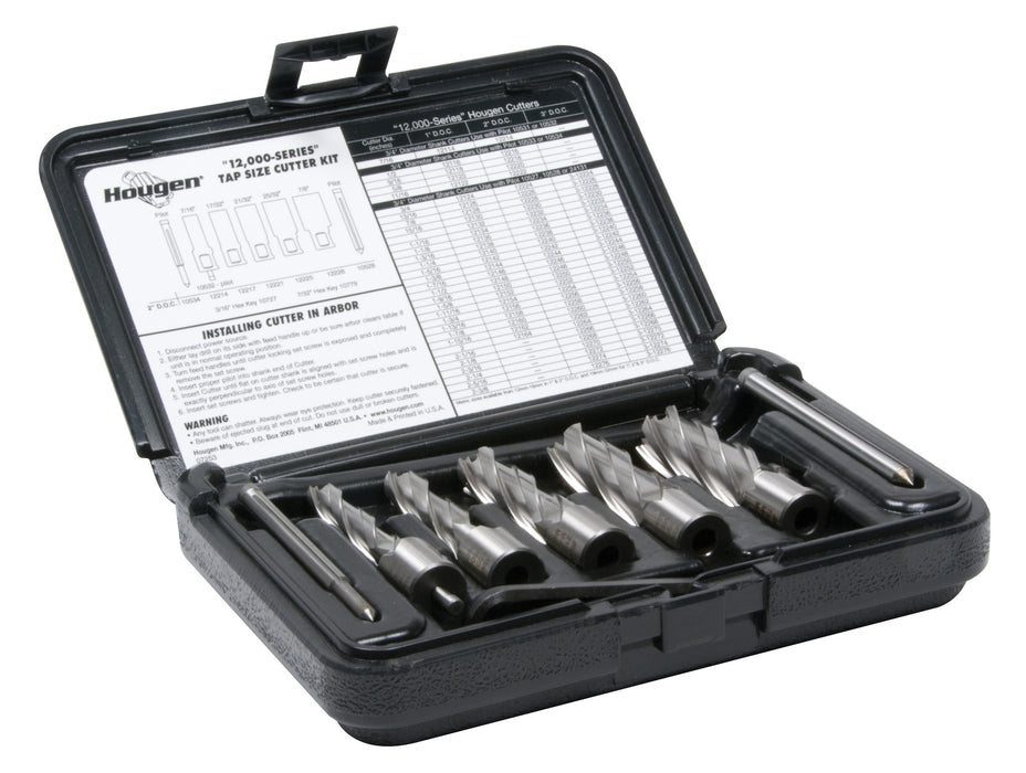 Hougen 12007 7/16", 17/32", 21/32" 25/32", 7/8" Rotabroach Cutters in a plastic case. Includes Hex Wrenches and 2 pilots. 2" Depth of Cut